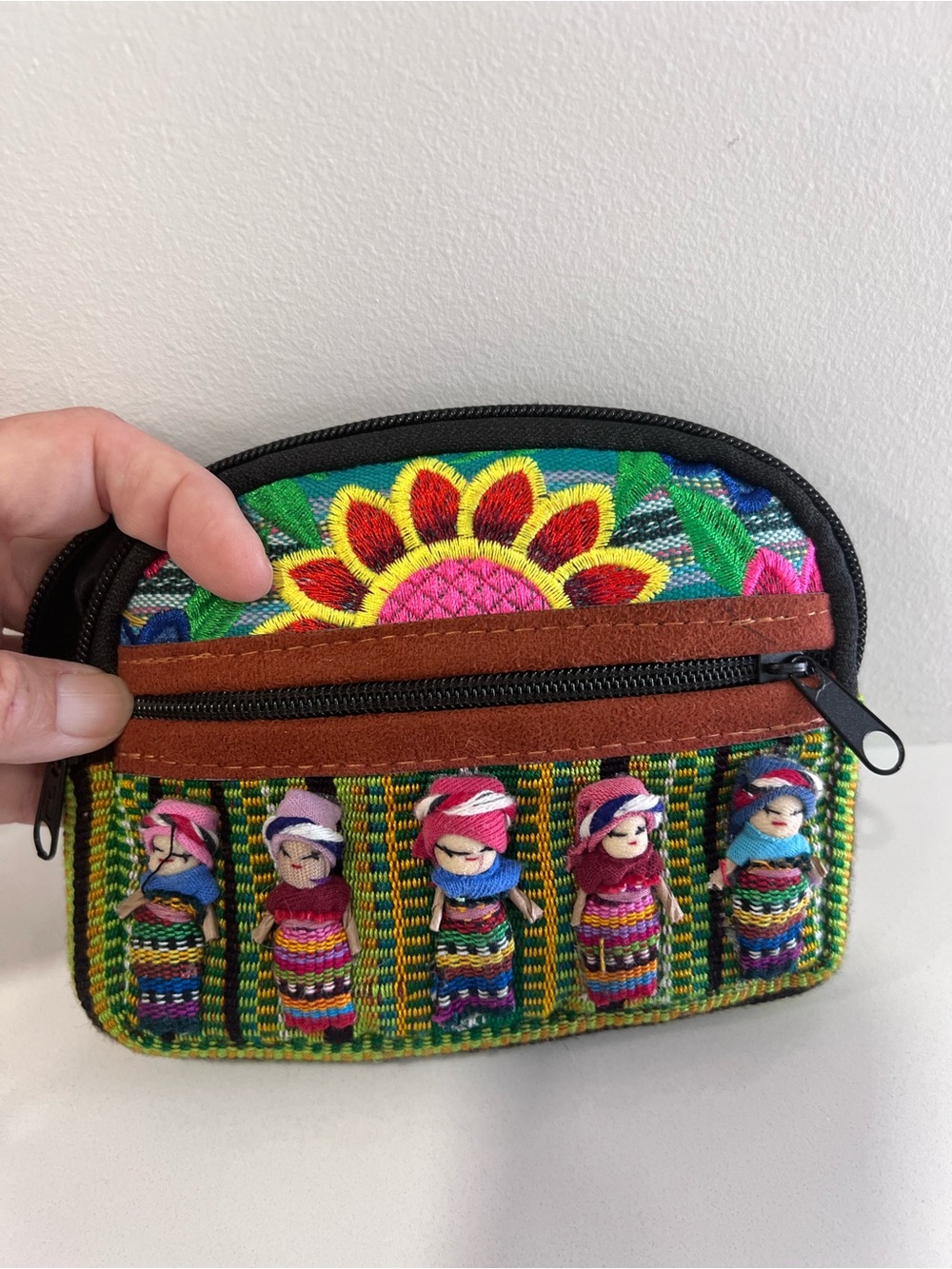 Handmade Purse Ethnic Multicolor 5 Worry Dolls Sunburst Zipper Card Case Mexico